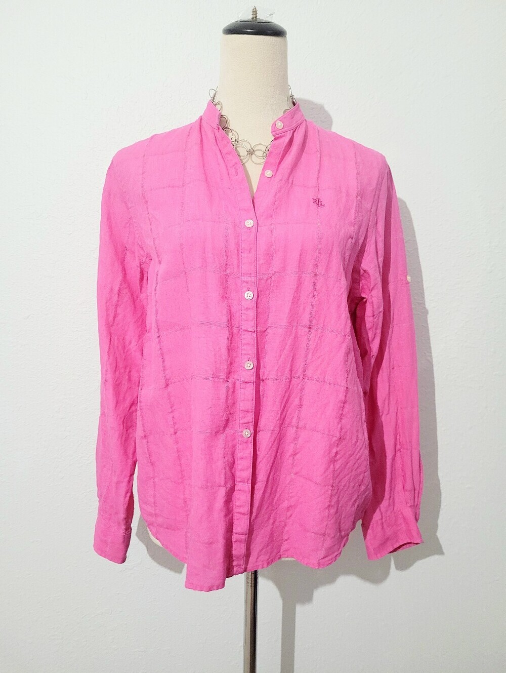 Lauren Ralph Lauren Petite Pink 100% Linen Button Front Shirt Blouse P/L